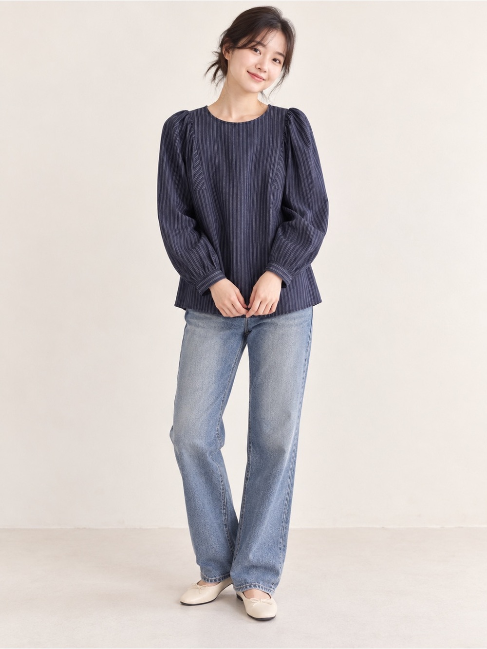 Treasure & Bond Navy Vertical Stripe Relaxed Puff Long Sleeve Blouse XS